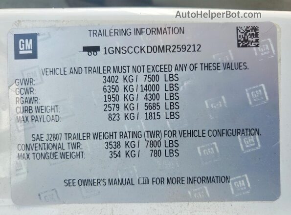 1GNSCCKD0MR259212 2021 CHEVROLET SUBURBAN White Vista interior de 360 grados