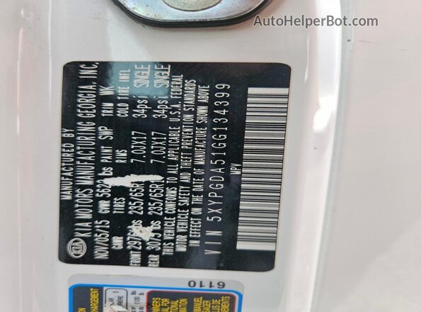 5XYPGDA51GG134399 2016 KIA SORENTO White Панорамний вид салону 360°