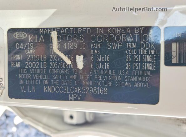 KNDCC3LCXK5298168 2019 KIA NIRO White VIN კოდის სტიკერის ხედი
