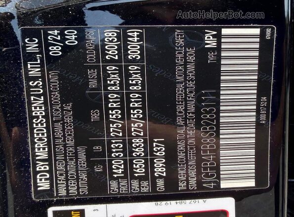 4JGFB4FB8SB283111 2025 MERCEDES-BENZ GLE Black Vista de la etiqueta del VIN