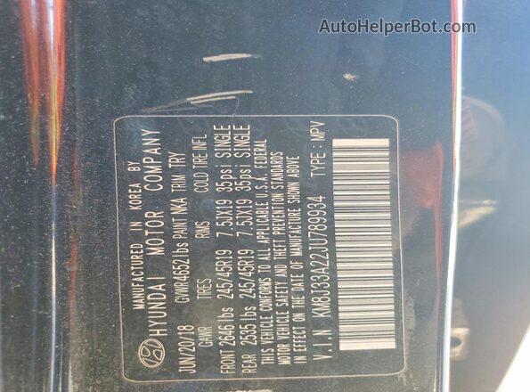 KM8J33A22JU789934 2018 HYUNDAI TUCSON Black Widok naklejki z numerem VIN