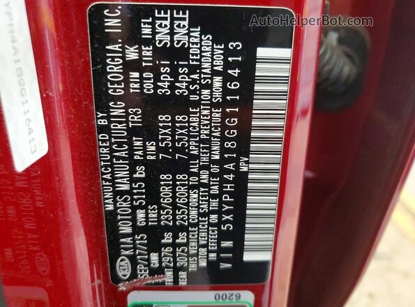 5XYPH4A18GG116413 2016 KIA SORENTO Red 360 interior view