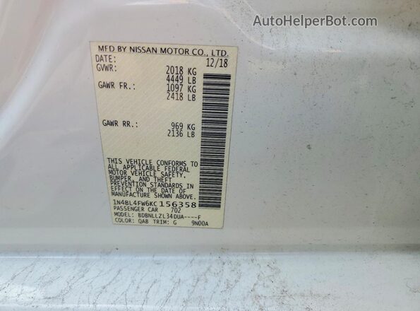 1N4BL4FW6KC156358 2019 NISSAN ALTIMA White Vista de la etiqueta del VIN