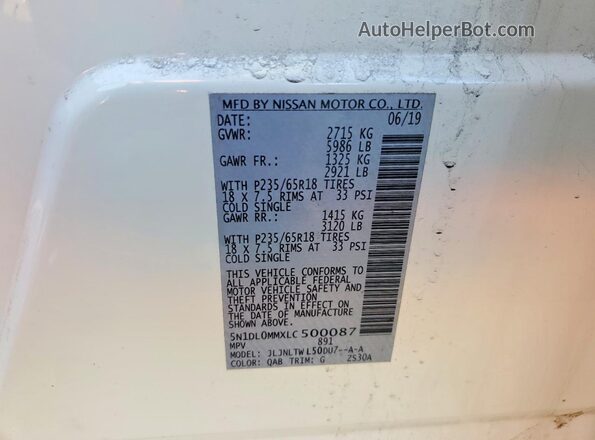 5N1DL0MMXLC500087 2020 INFINITI QX60 White VIN sticker view