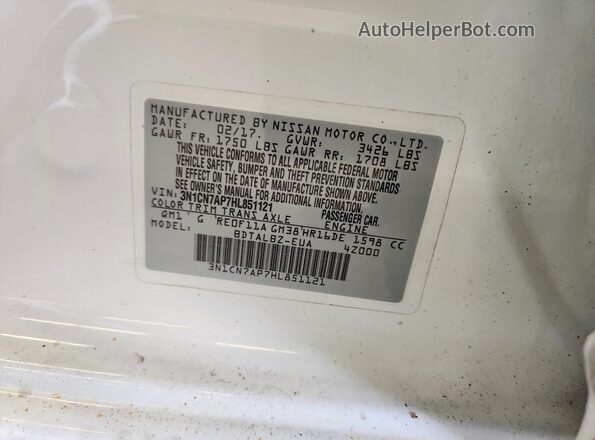 3N1CN7AP7HL851121 2017 NISSAN VERSA White VIN კოდის სტიკერის ხედი