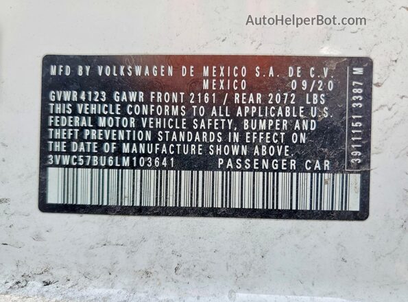 3VWC57BU6LM103641 2020 VOLKSWAGEN JETTA White Вид наклейки з VIN-кодом