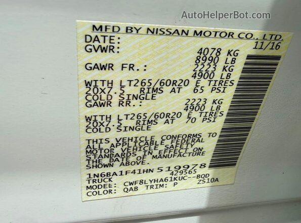 1N6BA1F41HN519978 2017 NISSAN TITAN White Widok komory silnika