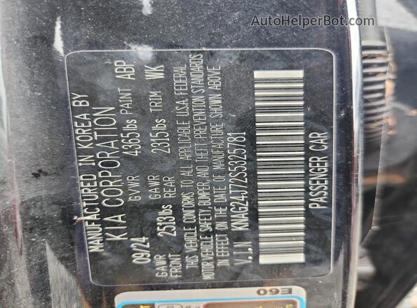 KNAG24J72S5325781 2025 KIA K5 Black Widok naklejki z numerem VIN