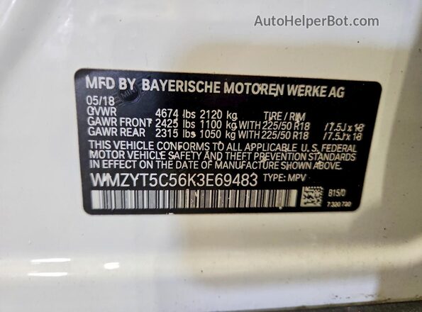 WMZYT5C56K3E69483 2019 MINI COOPER White Widok wnętrza 360 stopni