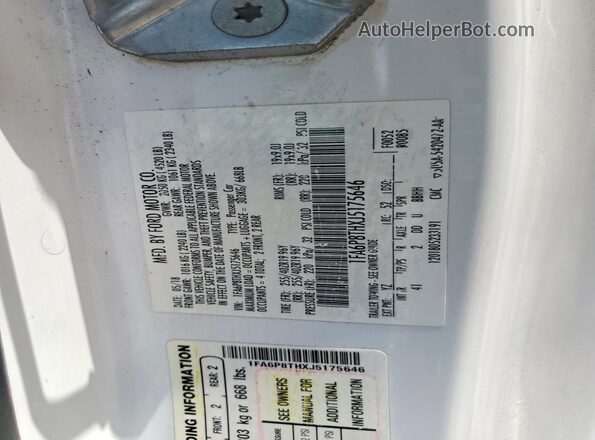 1FA6P8THXJ5175646 2018 FORD MUSTANG White Vista de la etiqueta del VIN