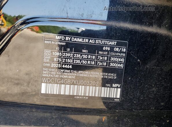 WDCTG4GB7KU003202 2019 MERCEDES-BENZ GLA-CLASS Black Vista de la etiqueta del VIN
