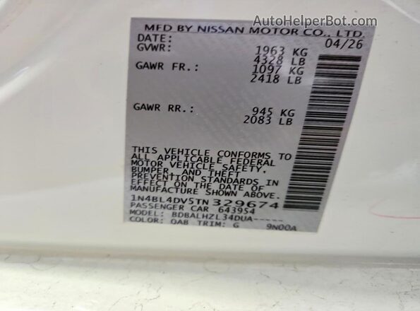 1N4BL4DV5TN329674 2026 NISSAN ALTIMA White VIN կոդի պիտակի տեսք