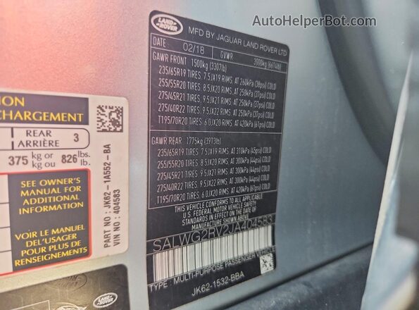 SALWG2RV2JA404583 2018 LAND ROVER RANGE Серебряный 