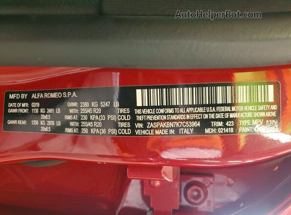 ZASPAKBN7K7C53964 2019 ALFA ROMEO STELVIO Burgundy სალონის 360-გრადუსიანი ხედი