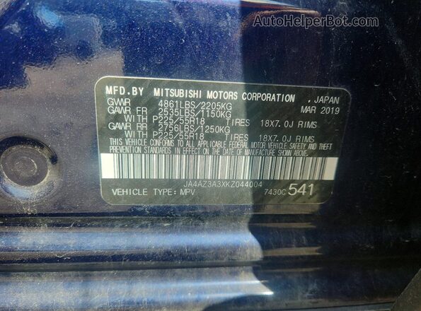 JA4AZ3A3XKZ044004 2019 MITSUBISHI OUTLANDER Blue სალონის 360-გრადუსიანი ხედი