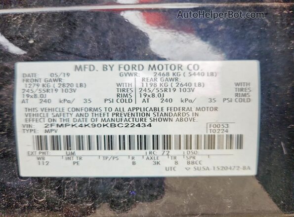 2FMPK4K90KBC22434 2019 FORD EDGE Black სალონის 360-გრადუსიანი ხედი