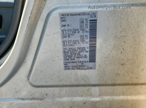 5N1DR2MM0KC589564 2019 NISSAN PATHFINDER Silver Սալոնի 360 աստիճան տեսք