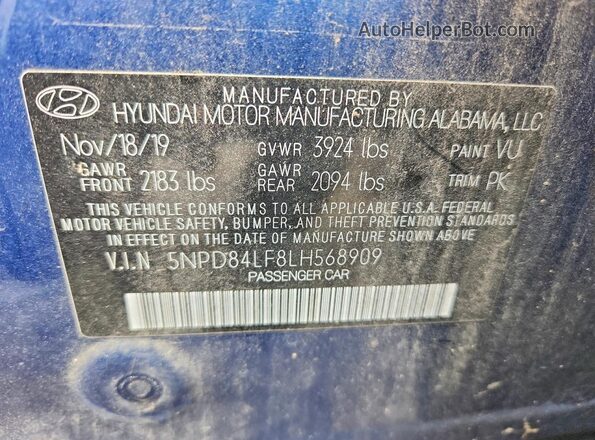 5NPD84LF8LH568909 2020 HYUNDAI ELANTRA Blue Widok naklejki z numerem VIN