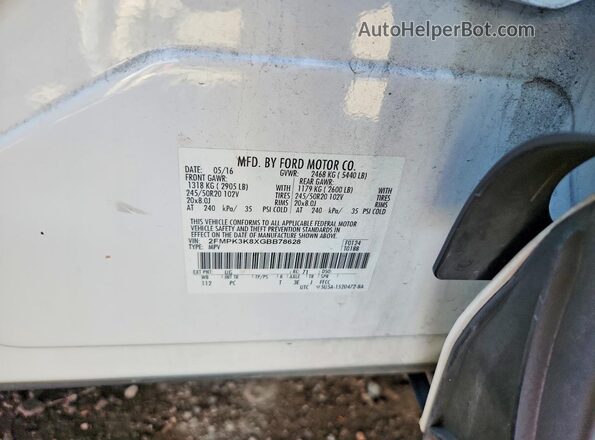 2FMPK3K8XGBB78628 2016 FORD EDGE Белый Панорамный вид салона 360°