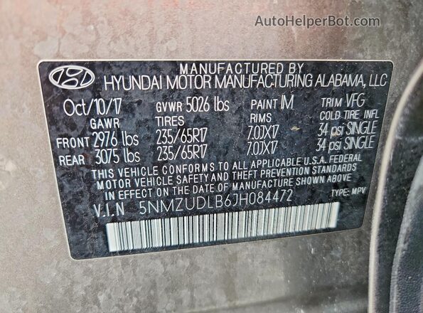5NMZUDLB6JH084472 2018 HYUNDAI SANTA Gray 360 interior view