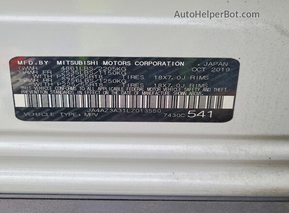 JA4AZ3A31LZ013550 2020 MITSUBISHI OUTLANDER White Vista de la etiqueta del VIN