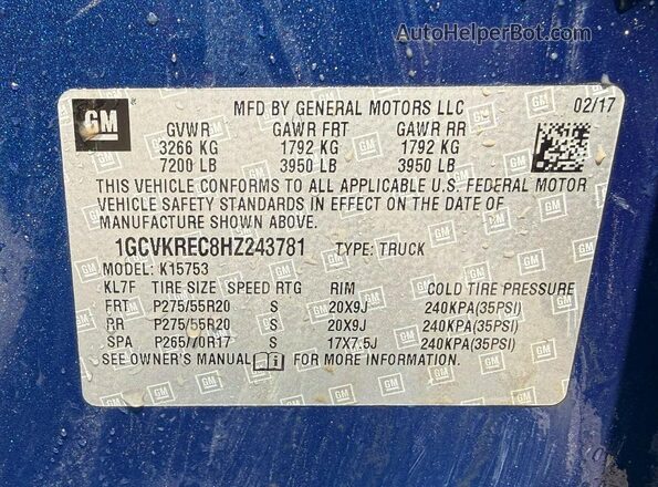 1GCVKREC8HZ243781 2017 CHEVROLET SILVERADO Blue Rear interior view