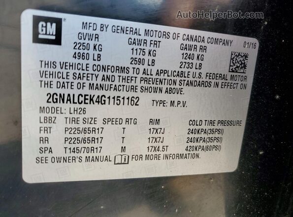 2GNALCEK4G1151162 2016 CHEVROLET EQUINOX Black VIN კოდის სტიკერის ხედი