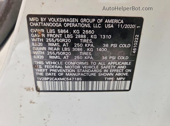 1V2BP2CAXMC547185 2021 VOLKSWAGEN ATLAS Белый 