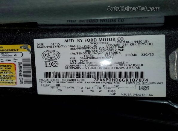 3FA6P0HD6GR107874 2016 FORD FUSION Charcoal VIN კოდის სტიკერის ხედი