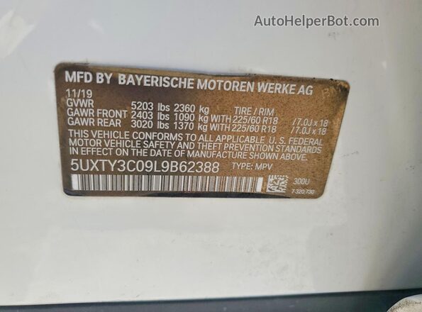 5UXTY3C09L9B62388 2020 BMW X3 White Панорамний вид салону 360°