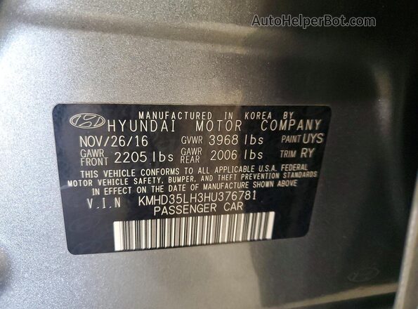 KMHD35LH3HU376781 2017 HYUNDAI ELANTRA Серый Вид наклейки с VIN-кодом