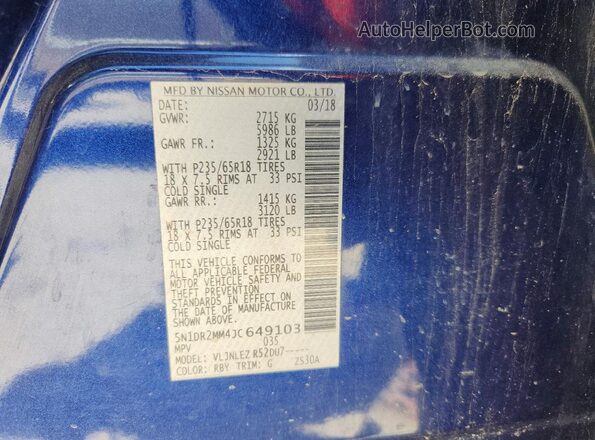 5N1DR2MM4JC649103 2018 NISSAN PATHFINDER Blue VIN sticker view