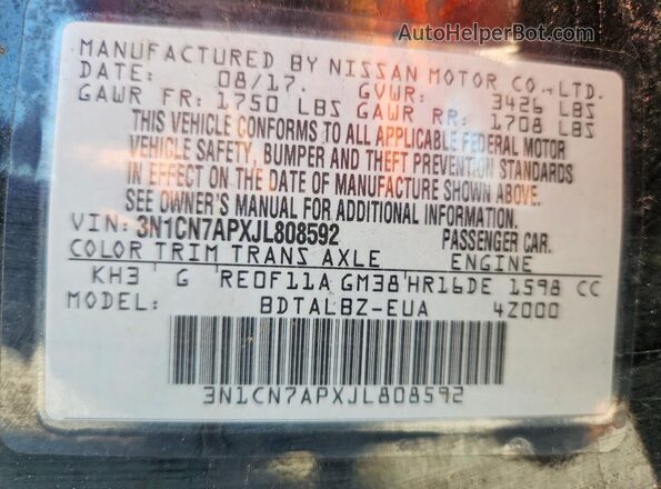 3N1CN7APXJL808592 2018 NISSAN VERSA Black Widok naklejki z numerem VIN