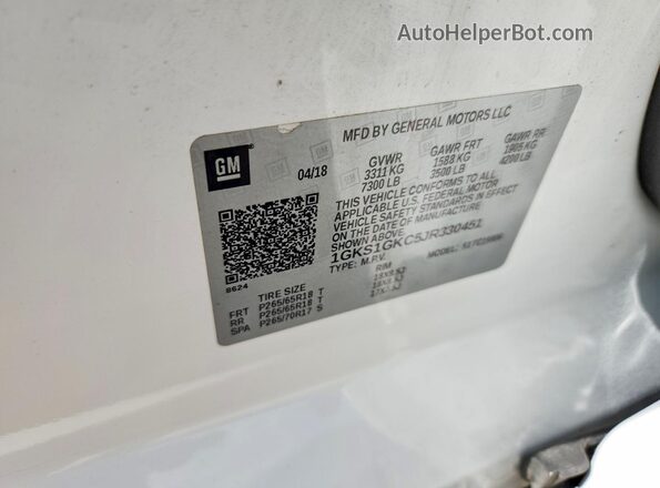 1GKS1GKC5JR330451 2018 GMC YUKON White Панорамний вид салону 360°