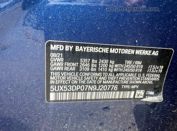 5UX53DP07N9J20776 2022 BMW X3 Blue Widok naklejki z numerem VIN