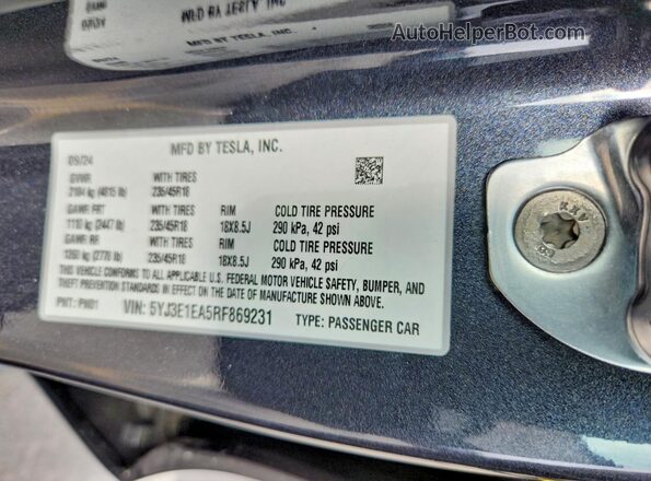 5YJ3E1EA5RF869231 2024 TESLA MODEL Угольный Вид наклейки с VIN-кодом