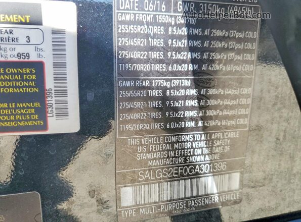 SALGS2EF0GA301396 2016 LAND ROVER RANGE Black Widok wnętrza 360 stopni