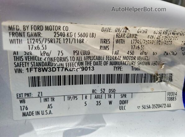1FT8W3DT7KEC69013 2019 FORD F350 Белый Вид наклейки с VIN-кодом