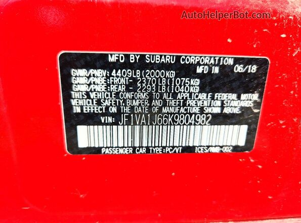 JF1VA1J66K9804982 2019 SUBARU WRX Красный Вид наклейки с VIN-кодом