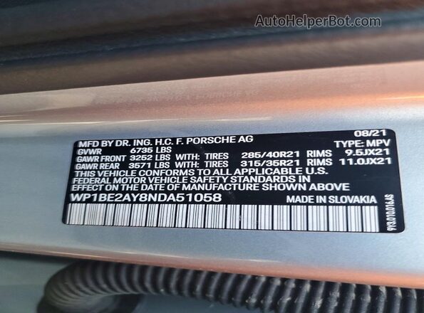 WP1BE2AY8NDA51058 2022 PORSCHE CAYENNE Silver Սալոնի 360 աստիճան տեսք