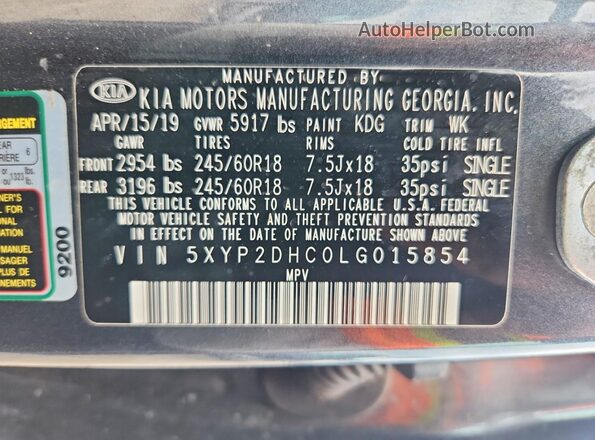 5XYP2DHC0LG015854 2020 KIA TELLURIDE Gray Вид наклейки з VIN-кодом