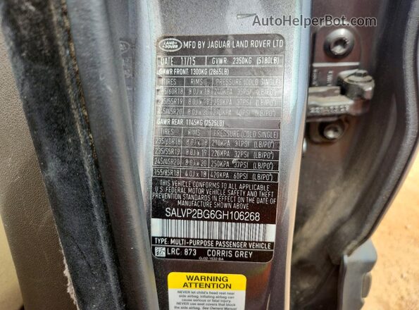 SALVP2BG6GH106268 2016 LAND ROVER RANGE Gray Панорамний вид салону 360°