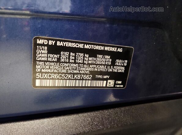 5UXCR6C52KLK87662 2019 BMW X5 Blue სალონის 360-გრადუსიანი ხედი