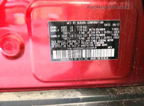 4S4BSANC0J3240818 2018 SUBARU OUTBACK Maroon VIN sticker view