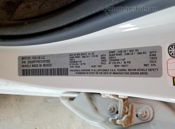 3C6SRFFP6T4167932 2026 RAM 1500 White Вид наклейки з VIN-кодом