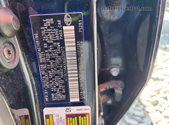 4T1G11AK4NU630472 2022 TOYOTA CAMRY Black VIN კოდის სტიკერის ხედი