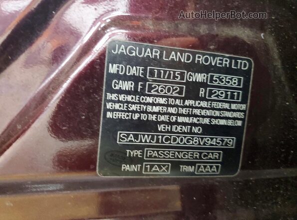 SAJWJ1CD0G8V94579 2016 JAGUAR XJ Red Vista de la etiqueta del VIN