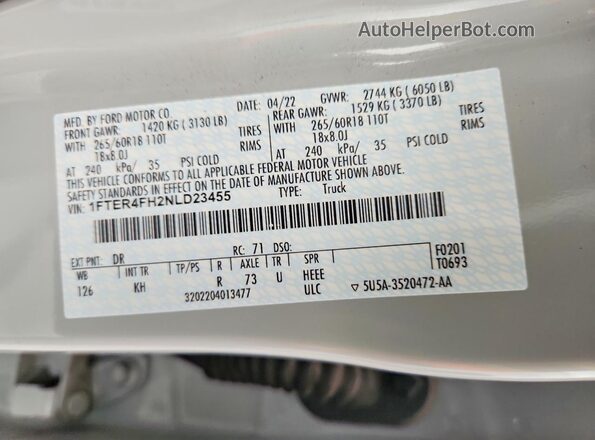 1FTER4FH2NLD23455 2022 FORD RANGER Серый Вид наклейки с VIN-кодом