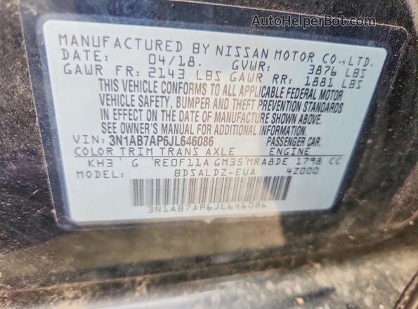 3N1AB7AP6JL646086 2018 NISSAN SENTRA Black Widok naklejki z numerem VIN