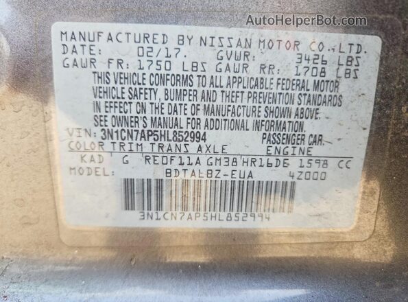 3N1CN7AP5HL852994 2017 NISSAN VERSA Gray Vista de la etiqueta del VIN